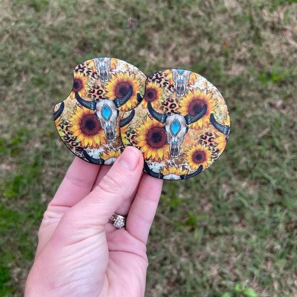 Steer Head Sunflower Car Coaster Set | Car Accessories - Picture 1 of 11
